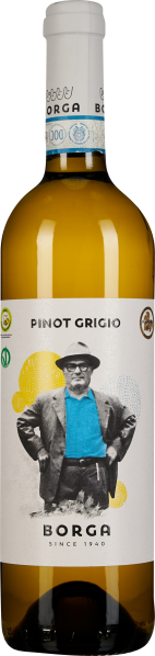 Die Weinflasche hat ein klares, goldenes Glas. Das Etikett zeigt ein Schwarz-Weiß-Foto eines älteren Mannes mit blauem Hemd und einem gelben, grafischen Muster im Hintergrund. Der Verschluss ist weiß mit blauen Akzenten.