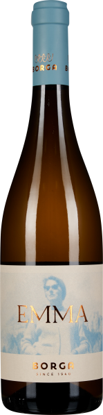 Weißweinflasche mit hellblauem Kapselverschluss und einem Etikett, das eine historische Fotografie sowie goldene Schrift zeigt.