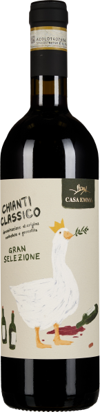 Flasche Rotwein mit einer illustrierten Gans auf dem Etikett.