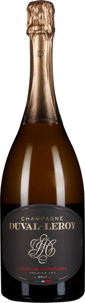 Die Champagnerflasche hat ein elegantes Design mit einem goldenen Folienverschluss und einem dunklen Etikett, das silberne und rote Schriftzüge zeigt. Die Flasche hat eine klassische, schlanke Form.