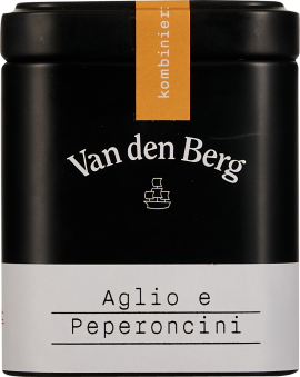 Eine rechteckige, schwarze Dose mit einem schmalen, orangefarbenen Streifen. Der untere Teil der Dose hat ein weißes Etikett mit schwarzem Text.