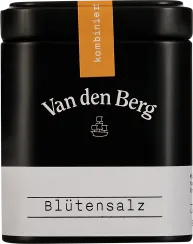 Schwarze Metalldose mit weißem Etikett und schwarzem Textaufdruck "Blütensalz". Am Deckel eine orangefarbene Banderole. Minimalistisches Design mit stilisiertem Schiffslogo.