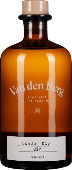 Braune Glasflasche mit rundem Holzverschluss, eleganter, minimalistischer Look, weißes Etikett mit schwarzem Text, klare und klassische Form.