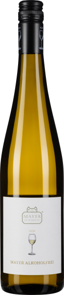 Braune Glasflasche mit schwarzem Schraubverschluss, schlichtes weißes Etikett mit Logo und einem Weinglas-Illustration.