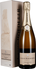 Champagnerflasche mit goldener Folie, elegante Etikettierung in Beige und Weiß, links daneben eine hochwertige Geschenkbox mit minimalistischer Gestaltung.