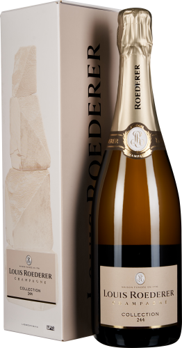 Champagnerflasche mit goldener Folie, elegante Etikettierung in Beige und Weiß, links daneben eine hochwertige Geschenkbox mit minimalistischer Gestaltung.