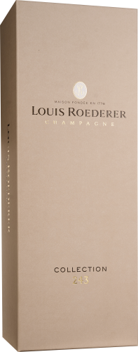 Beige Champagner-Geschenkbox mit dezenter goldener Schrift und elegantem Design.