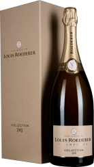 Eine elegante Champagnerflasche mit goldener Kapsel und Etikett, begleitet von einem schlichten, beigefarbenen Geschenkkarton.