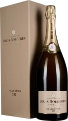 Eine elegante Champagnerflasche mit goldener Kapsel und Etikett, begleitet von einem schlichten, beigefarbenen Geschenkkarton.