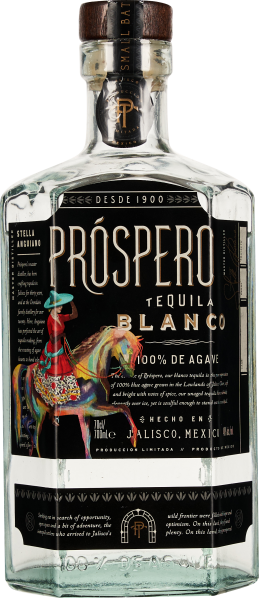 Klarglasflasche mit eckigem, robustem Design und einem dunklen Holzverschluss. Das Etikett zeigt schwarze und goldene Akzente mit einem farbigen Bild einer reitenden Person auf einem Pferd.