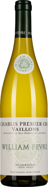 Eine schlanke Weinflasche mit einem klaren, goldgelben Inhalt. Die Flasche hat eine dunkle Kapsel und ein weißes Etikett, das stilvolle grüne Schrift und ein rundes Logo in der Mitte zeigt.