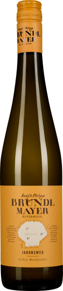 Schlanke Weinflasche mit orangefarbenem Etikett und Drehverschluss.