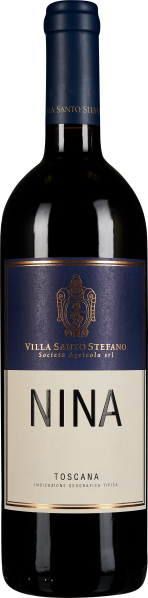 Dunkle Weinflasche mit blauem Etikett und goldenen Verzierungen, darunter ein cremefarbenes Etikett mit schwarzer Schrift.