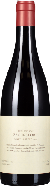 Dunkle Weinflasche mit rotem Kapselverschluss und hellem Etikett mit schlichter Schrift.