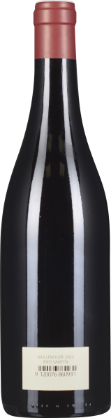 Dunkle Weinflasche mit rotem Verschluss, minimalistisches Etikett hinten.