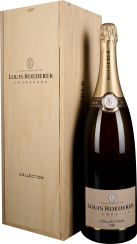 Große Champagnerflasche mit goldenem Etikett und Hals in einer eleganten Holzkiste.