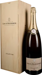 Große Champagnerflasche mit goldenem Etikett und Hals in einer eleganten Holzkiste.