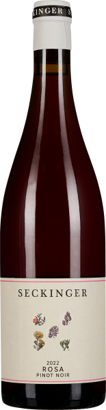 Rotweinflasche mit zylindrischer Form, dunkelroter Flüssigkeit und weißem Etikett mit minimalistischen floralen Illustrationen.