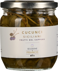 Glas mit silbernem Deckel, gefüllt mit grünen Cucunci in Flüssigkeit. Das Etikett ist schlicht, gestaltet in Naturtönen und zeigt stilisierte Abbildungen von Kapern.