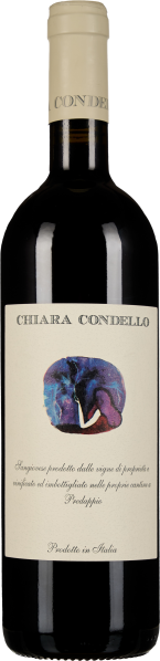 Flasche Rotwein mit elfenbeinfarbenem Etikett und Verschluss, darauf ein abstraktes, farbenfrohes Kunstwerk in Blau- und Violetttönen.