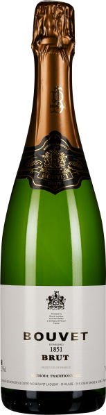 Flasche Schaumwein mit grünem Glas und goldener Folienverpackung am Hals. Vorderseite mit elegantem Logo und klassisch gestalteten Etiketten in Weiß und Schwarz.