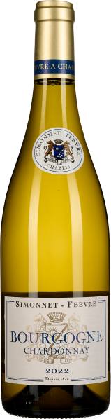 Klare Weinflasche mit gold-gelbem Inhalt, elegantes Etikett in Weiß und Blau mit einem Wappenmotiv, schlanker Flaschenhals mit goldener Kapsel.