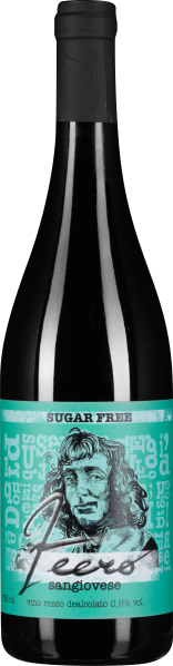 Schwarze Weinflasche mit türkisfarbenem Etikett und illustriertem Porträt.