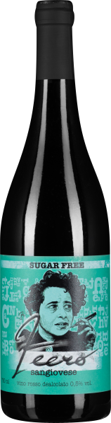 Dunkle Flasche mit türkisfarbenem Etikett und stilisiertem Porträt.