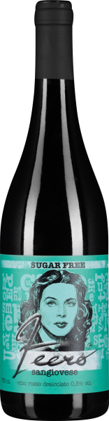 Die Flasche hat ein schwarzes Etikett mit türkisfarbenen Elementen und zeigt die Illustration eines Gesichts im Retro-Stil. Der Schriftzug darauf ist stilisiert, mit einem modernen, künstlerischen Design. Der Flaschenhals ist schwarz.