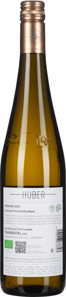 Schlanke, gelbbraune Weinflasche mit bronzefarbenem Schraubverschluss und weißem Etikett.