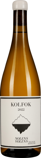 Eine schlanke, bernsteinfarbene Weinflasche mit weißem Verschluss und minimalistischen, schwarz-weißen Etikettendesign.