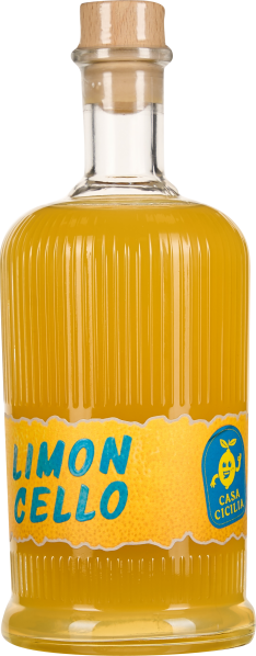 Die Flasche ist geprägt von einem gerippten Glasdesign und einem eleganten Holzverschluss. Sie enthält eine leuchtend gelbe Flüssigkeit, die auf ein Zitronenlikör hindeutet. Das Etikett ist in einem kräftigen Gelbton gehalten, ergänzt durch blaue Schrift 