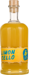 Die Flasche ist geprägt von einem gerippten Glasdesign und einem eleganten Holzverschluss. Sie enthält eine leuchtend gelbe Flüssigkeit, die auf ein Zitronenlikör hindeutet. Das Etikett ist in einem kräftigen Gelbton gehalten, ergänzt durch blaue Schrift 