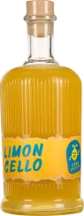 Die Flasche ist geprägt von einem gerippten Glasdesign und einem eleganten Holzverschluss. Sie enthält eine leuchtend gelbe Flüssigkeit, die auf ein Zitronenlikör hindeutet. Das Etikett ist in einem kräftigen Gelbton gehalten, ergänzt durch blaue Schrift 