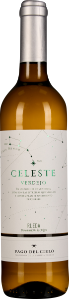 Flasche Weißwein mit goldenem Wein und silbernem Schraubverschluss, Etikett mit Sternbild-Design, elegantes und modernes Erscheinungsbild.