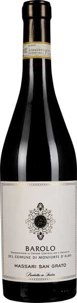 Dunkle Weinflasche mit elegantem, weißem Etikett und dekorativem Emblem.