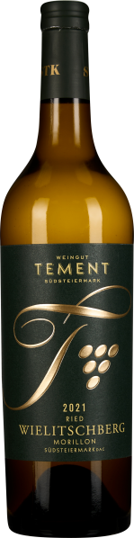 Braune Weinflasche mit dunkelgrünem Etikett, goldfarbenem Schriftzug und Traubenmotiv.