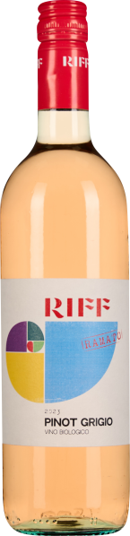 Eine Weinflasche mit blassrosa Inhalt, rotem Schraubverschluss und modern gestaltetem Etikett in bunten Farben.