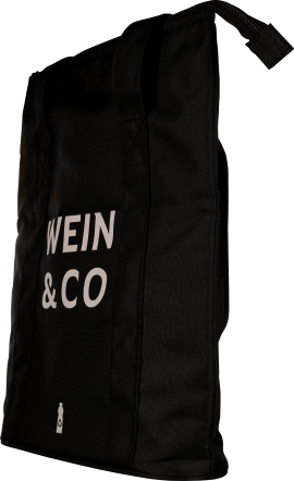 Schwarze Tasche mit weißen Buchstaben und kleinem Flaschensymbol, Seitenansicht.