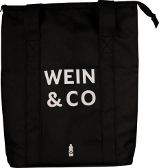 Schwarze Einkaufstasche mit weißen Tragegriffen und einem prägnanten, weißen Schriftzug. Die Tasche hat einen Reißverschluss und zeigt ein stilisiertes Recycling-Symbol unten.