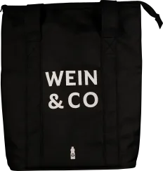 Schwarze Einkaufstasche mit weißen Tragegriffen und einem prägnanten, weißen Schriftzug. Die Tasche hat einen Reißverschluss und zeigt ein stilisiertes Recycling-Symbol unten.