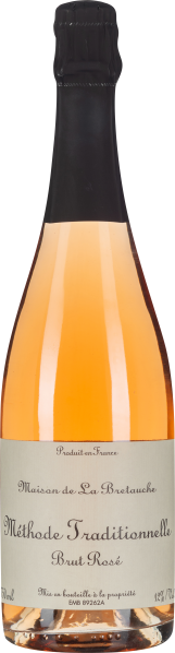Eine schlanke Flasche mit schwarzem Folienverschluss und einer klaren, rosafarbenen Flüssigkeit. Das Etikett ist beige mit traditioneller Schriftart.