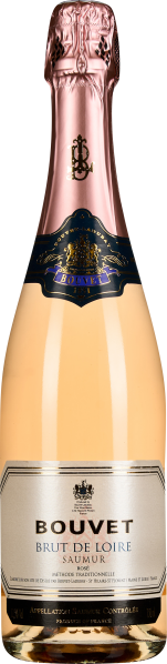 Flasche mit blassrosa Sekt, elegantem goldenen Etikett und rosa Folie auf dem Korken.