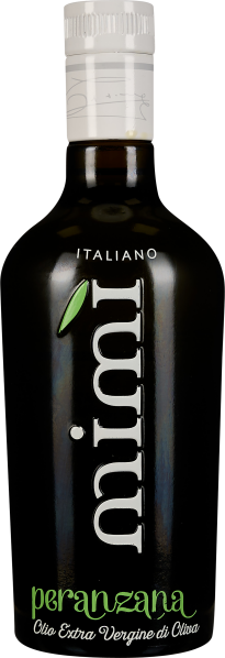 Dunkle Glasflasche Olivenöl mit weißer und grüner Schrift, versehen mit weißem Schraubverschluss und elegantem, italienischem Design.