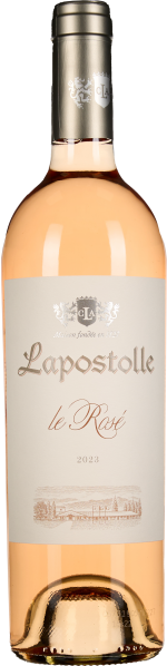 Eine Flasche Roséwein mit zartem Lachsfarbton, elegantes Etikett in Weiß und Gold, silberner Verschluss.