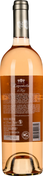 Roséwein in klarer Glasflasche mit goldener Kapsel und edlem Etikettendesign.