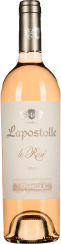 Eine Flasche Roséwein mit zartem Lachsfarbton, elegantes Etikett in Weiß und Gold, silberner Verschluss.