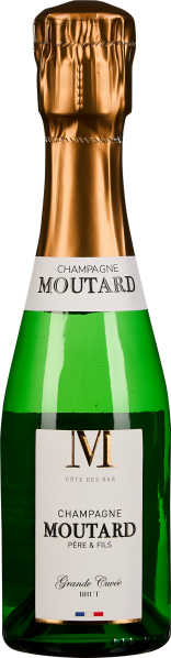 Grüne Champagnerflasche mit goldener Folienumhüllung über dem Korken; elegantes, minimalistisches Etikett mit klaren Linien und dezenter Schrift.
