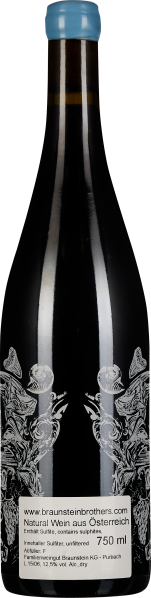 Dunkle Weinflasche mit blauem Verschluss und floralem Etikettendesign.