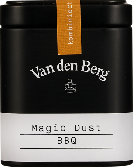 Schwarze Metall-Dose mit weißem Etikett und orangefarbenem Band, schlichtes und elegantes Design.